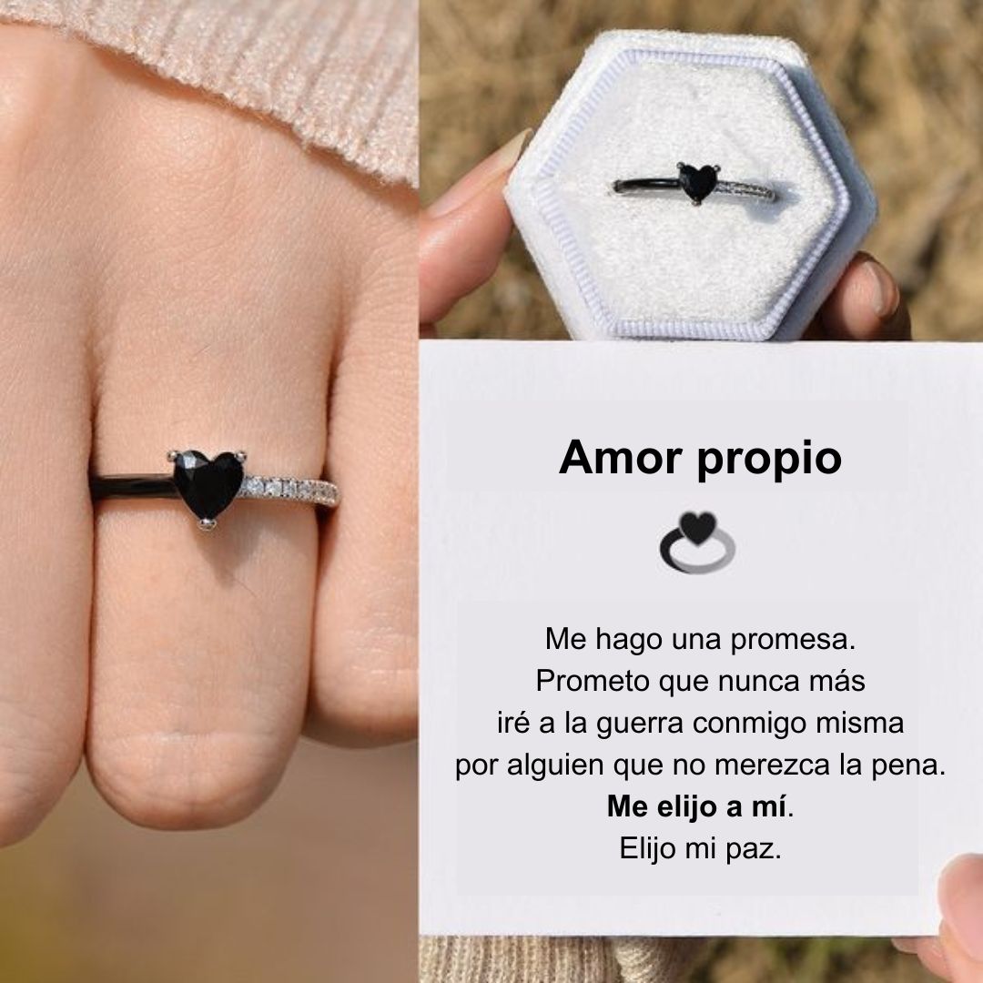 Anillo ajustable de esmalte negro ''Me elijo a mi misma'' (2x1